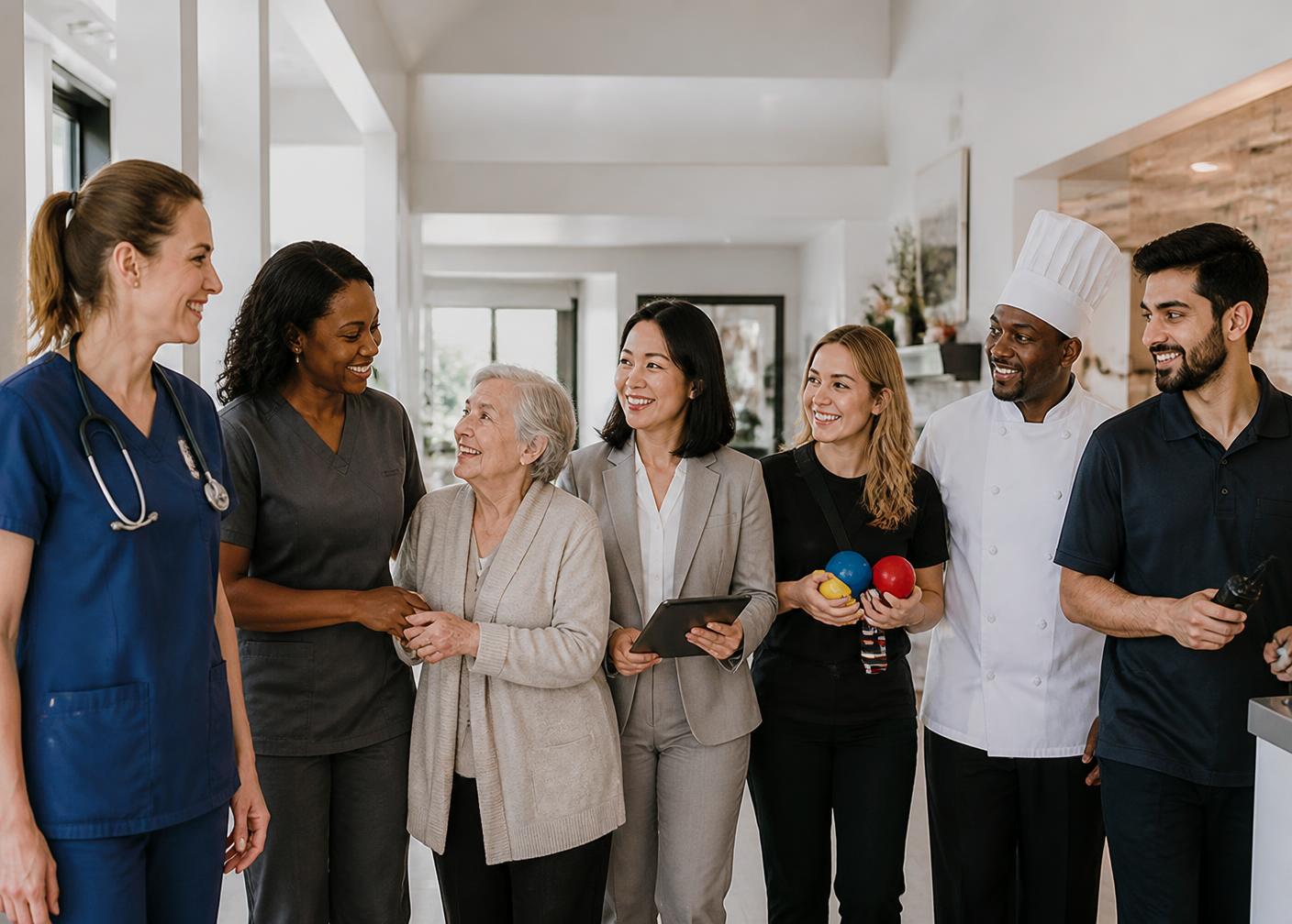 A staffing team of nurses, support workers, an administrator, chef and technician with a senior resident