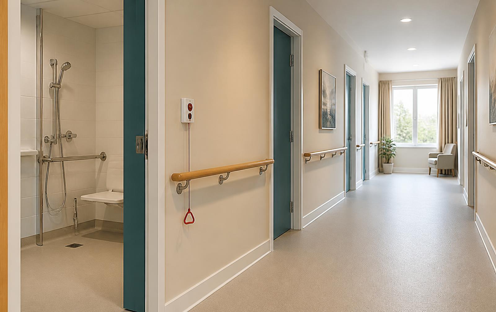 Wide accessible corridor in a senior care home with handrails and even lighting