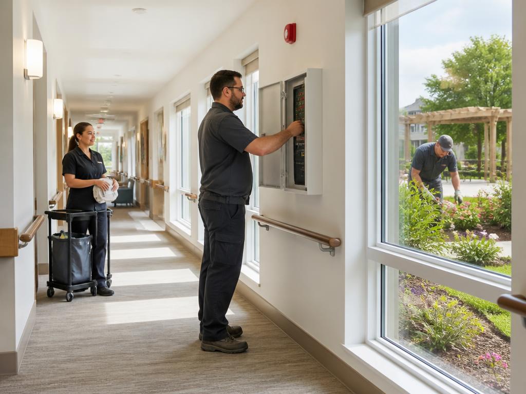 A maintenance technician checking a life-safety panel in an accessible corridor while housekeeping and grounds staff work nearby
