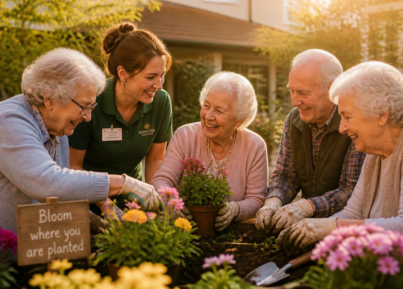 An activity coordinator planting flowers with laughing seniors in a garden courtyard