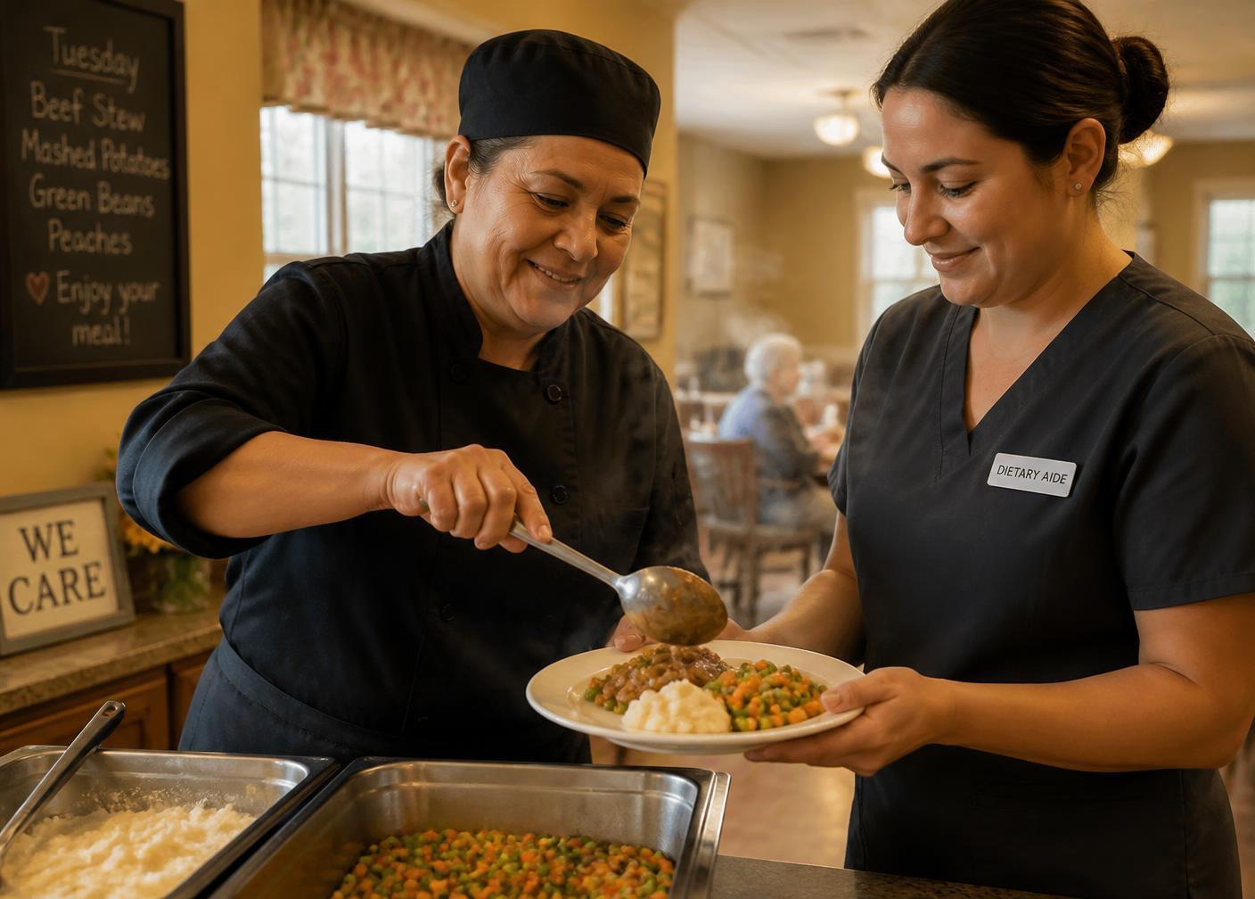 A cook and dietary aide plating a home-cooked meal in a senior home kitchen