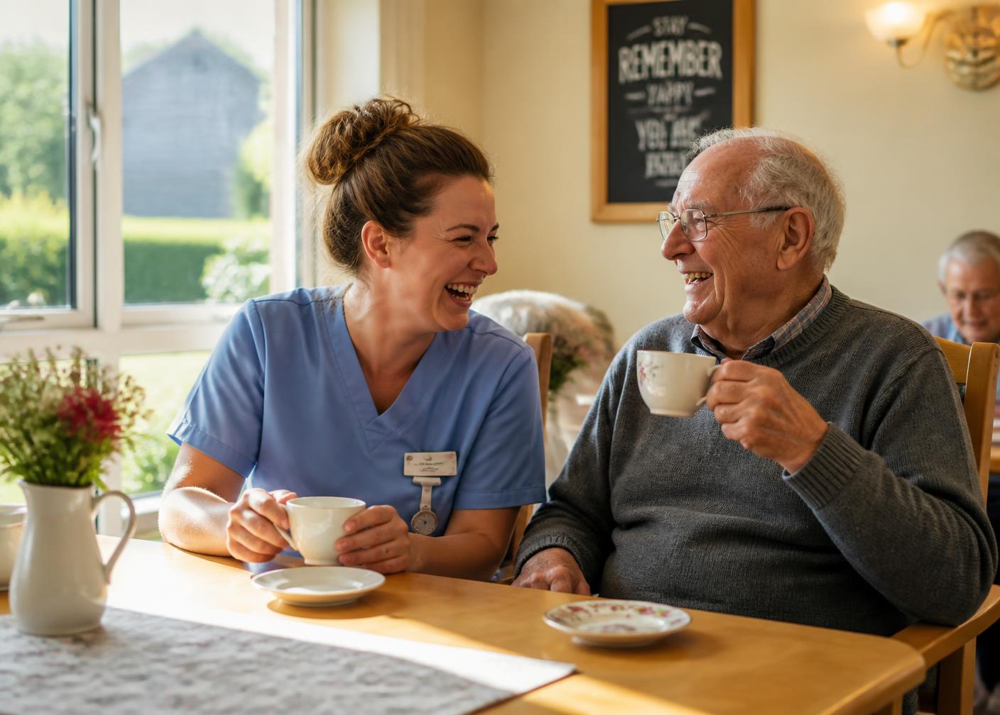 A care aide sharing a warm cup of tea with an older resident