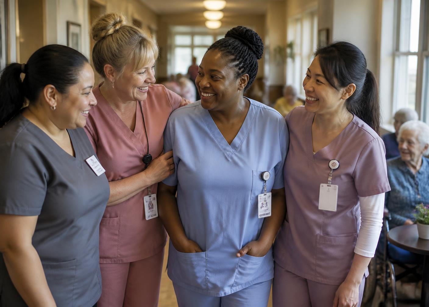 A diverse team of care aides and nurses smiling together in a bright senior home hallway